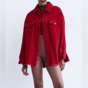 Zara Red Wide-Wale Corduroy Shacket | Oversized Shirt Jacket | M | Pockets